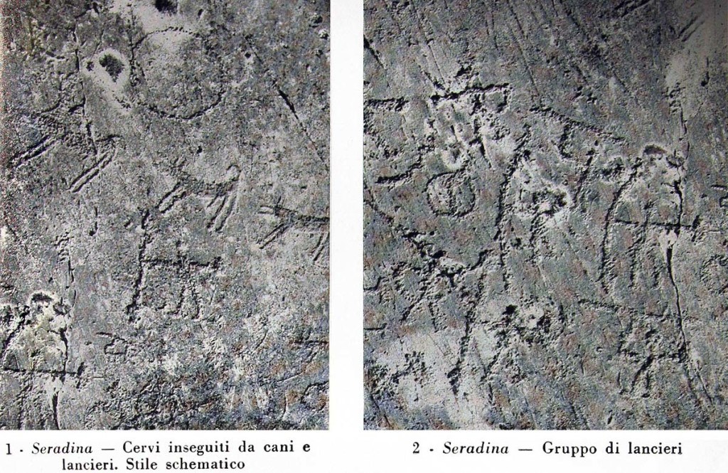 Seradina rock 12: a deer being chased by dogs and stick-body figures holding a spears and a little shields (from Battaglia 1934)